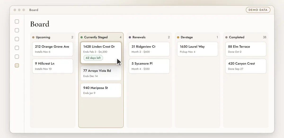 A board with columns for upcoming, currently staged, renewals, de-stage, and completed jobs.