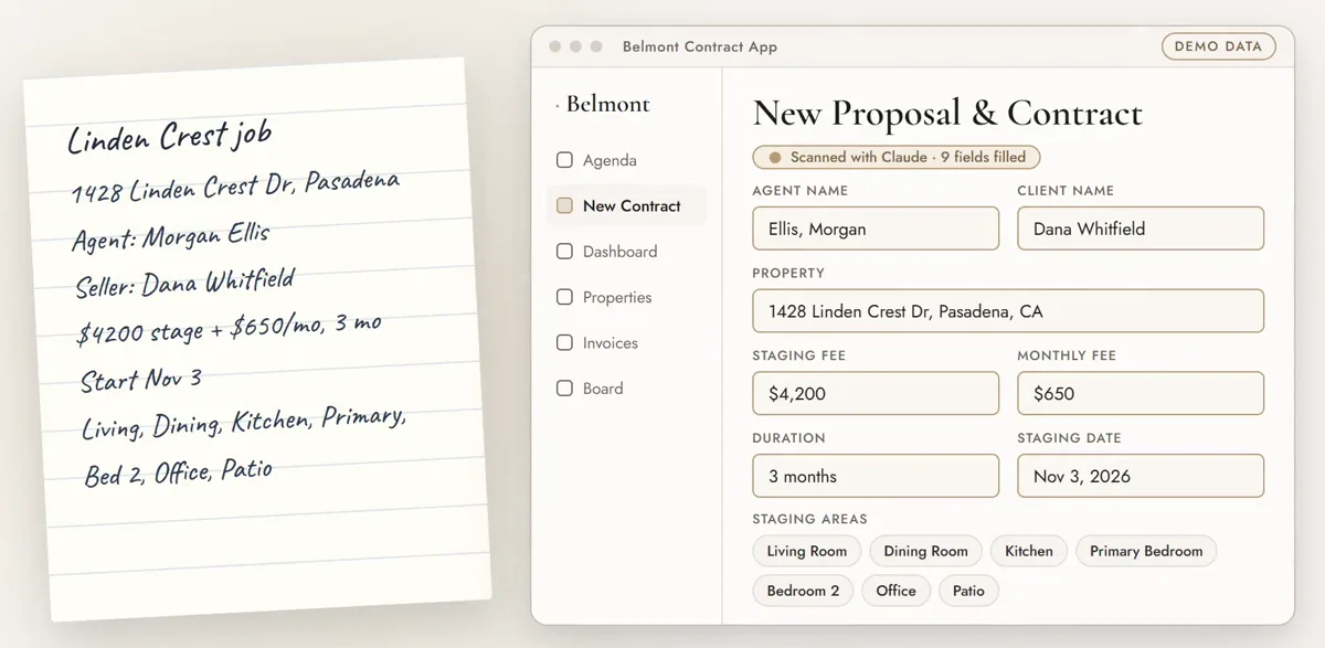 A handwritten job sheet beside the app's new-contract form, with nine fields filled in from the handwriting.