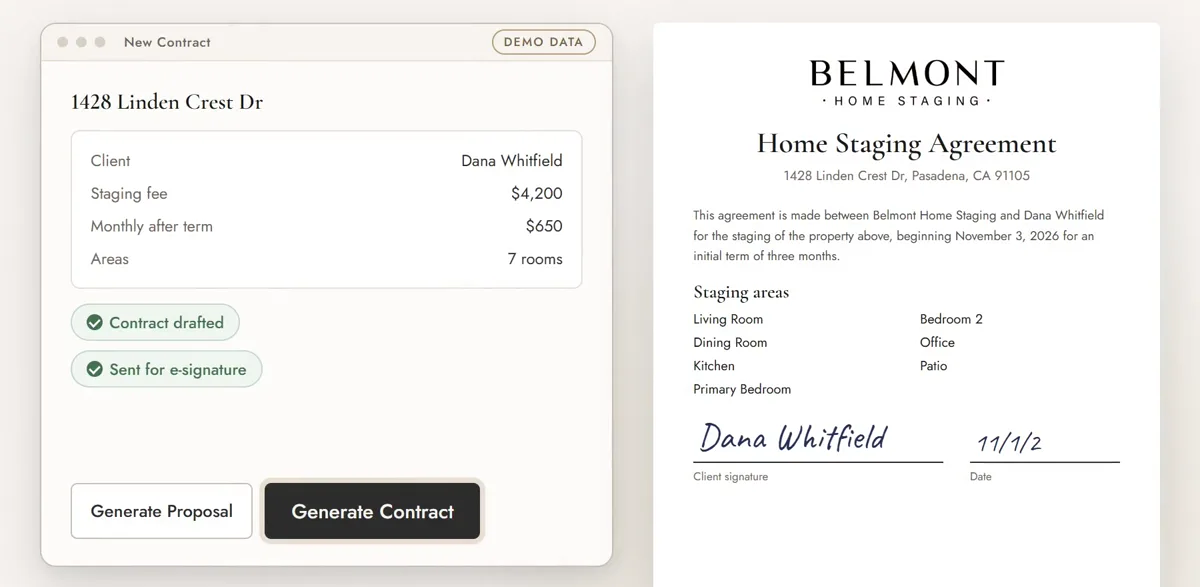Job summary marked contract drafted and sent for e-signature, next to the signed staging agreement.