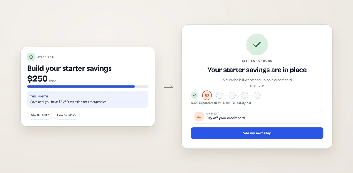Before: starter savings with $250 to go. After: starter savings in place, with paying off the credit card up next.