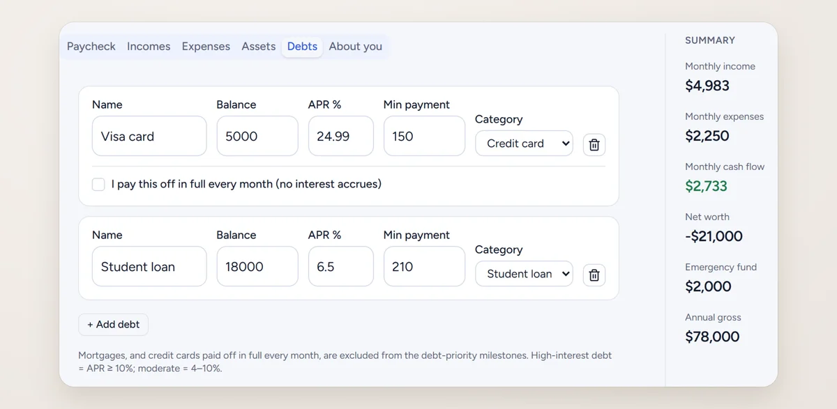 The My numbers screen on the Debts tab: a credit card and a student loan, with a summary of income, expenses, cash flow, and net worth.