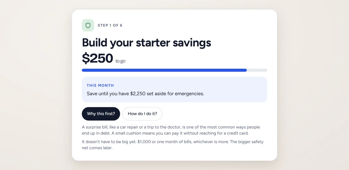 Step 1 of 6, Build your starter savings, $250 to go, with the Why this first explanation open.